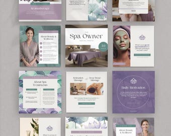 Lot de modèles de publications pour une journée au spa, créations Canva modifiables, créations pour réseaux sociaux, lot de gestionnaires de réseaux sociaux