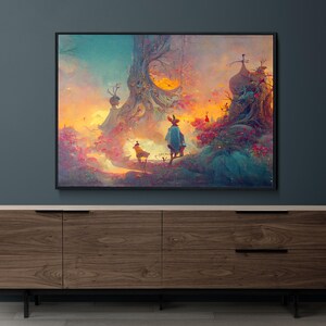 May include: A digital painting depicting a fantastical landscape with a large tree, a small building, and two figures walking away from the viewer. The scene is bathed in warm, golden light, and the sky is a vibrant blue.