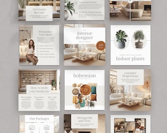 Modèles de publications sur Instagram en décoration d'intérieur, créations canva modifiables, créations pour réseaux sociaux, lot Social Media Manager