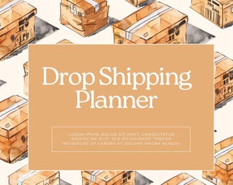 Puede incluir: Un fondo marrón claro con un patrón de cajas de cartón. Las cajas están apiladas y dispersas por el fondo. El texto "Drop Shipping Planner" está en el centro de la imagen en un rectángulo marrón claro. El texto "LOREM IPSUM DOLOR SIT AMET, CONSECTETUR ADIPISCING ELIT, SED DO EIUSMOD TEMPOR INCIDIDUNT UT LABORE ET DOLORE MAGNA ALIQUA." está debajo del rectángulo.