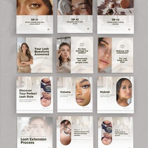 May include: A collage of images promoting lash extensions. The images show different lash styles, tips for lash care, and the lash extension process. The text includes "Discover Your Perfect Lash Style", "Your Lash Questions Answered", "Lash Extension Process", "Volume", "Hybrid", "Step 2: Isolation ensures each lash gets individual attention", and "Step 4: Setting the look with a gentle drying process."