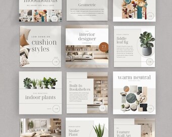 Modèles de publications sur Instagram en décoration d'intérieur, créations canva modifiables, créations pour réseaux sociaux, lot Social Media Manager