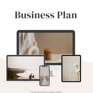 May include: A business plan template with the text "Business Plan" at the top. The template includes a desktop computer, laptop, tablet, and smartphone, all displaying different images. The text "YOUR BUSINESS NAME HERE (OR YOUR LOGO, WHATEVER FLOATS YOUR BUSINESS BOAT!)" is below the devices. The text "2022 - 2027" is at the bottom of the page.