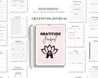 Pode incluir: Um planejador digital com fundo rosa e o texto "GRATITUDE JOURNAL" em preto. O planejador inclui páginas para gratidão diária, gratidão semanal, gratidão mensal e um registro de gratidão.