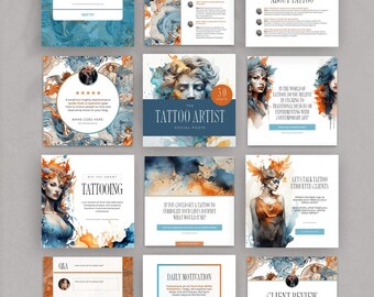 Lot de modèles de publications professionnelles tatouage, créations canva modifiables, créations pour réseaux sociaux, lot de gestionnaires de réseaux sociaux