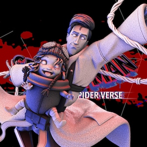 May include: A digital art piece featuring two figures from Spider-Verse. One figure is holding a child. The background is black with red and blue paint splatters. The words "SPIDER-VERSE" are visible.