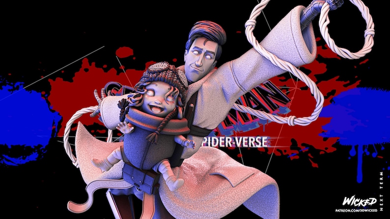May include: A digital art piece featuring two figures from Spider-Verse. One figure is holding a child. The background is black with red and blue paint splatters. The words "SPIDER-VERSE" are visible.