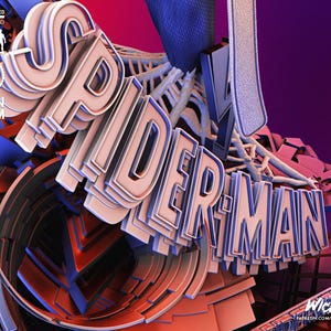 May include: 3D rendered artwork featuring the word "SPIDER-MAN" in a layered, 3D font. The design incorporates red, blue, and white colors, with a purple background. The image includes text indicating scale and material.