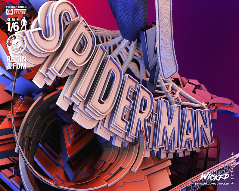 May include: 3D rendered artwork featuring the word "SPIDER-MAN" in a layered, 3D font. The design incorporates red, blue, and white colors, with a purple background. The image includes text indicating scale and material.