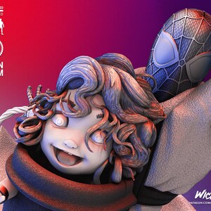May include: A detailed 3D-printed resin figure featuring a stylized Spider-Man and a cartoonish character with large eyes and curly hair. The figure is predominantly white, blue, and black, with a red and purple gradient background. The figure is labeled "Wicked" and "Next Term".