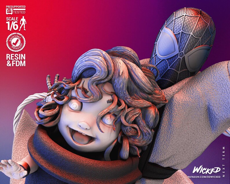 May include: A detailed 3D-printed resin figure featuring a stylized Spider-Man and a cartoonish character with large eyes and curly hair. The figure is predominantly white, blue, and black, with a red and purple gradient background. The figure is labeled "Wicked" and "Next Term".