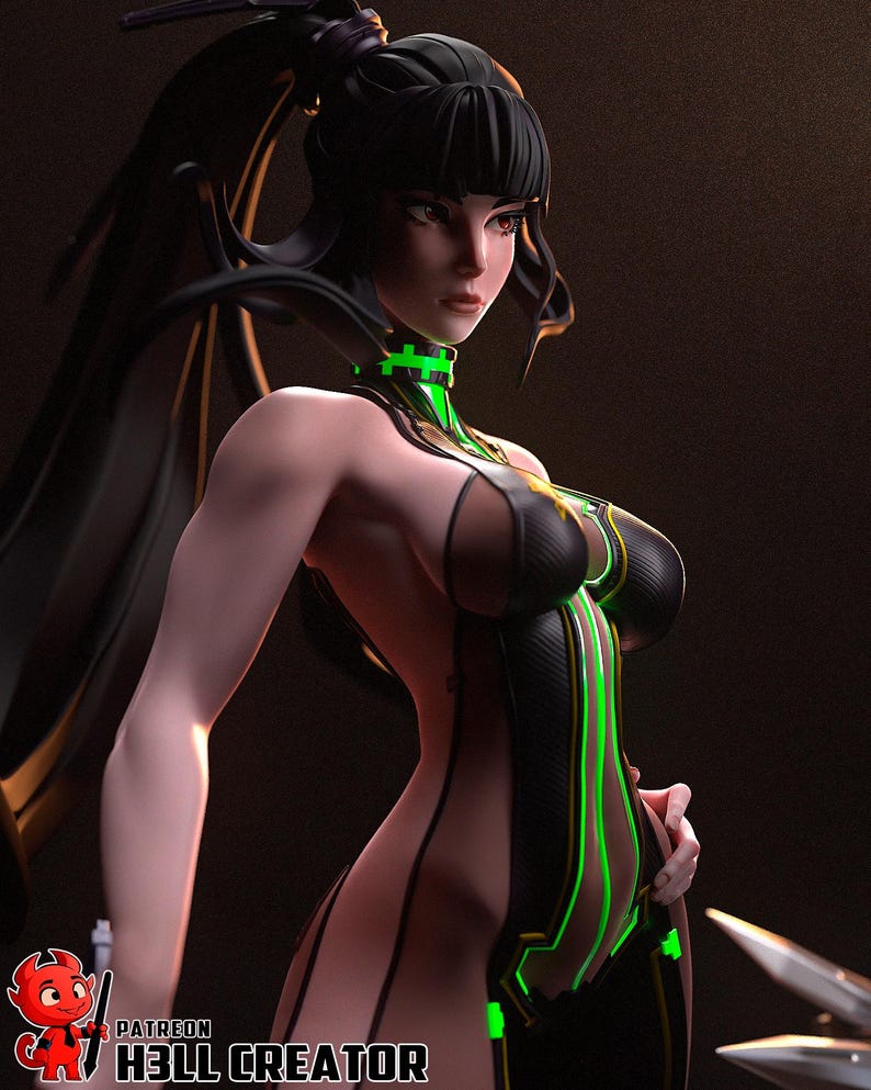 Pode incluir: Uma figura 3D de uma mulher com cabelo preto e uma roupa futurista. A roupa &eacute; principalmente preta com detalhes em verde n&eacute;on. A figura est&aacute; em pose din&acirc;mica, com um rosto e express&atilde;o detalhados. A imagem inclui o texto "PATREON H3LL CREATOR".