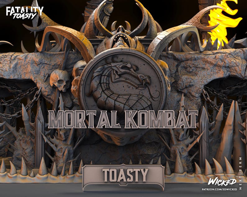 Puede incluir: Un modelo 3D impreso de un escenario de Mortal Kombat con un logotipo de drag&oacute;n, una calavera y las palabras "Fatality Toasty" y "Toasty".