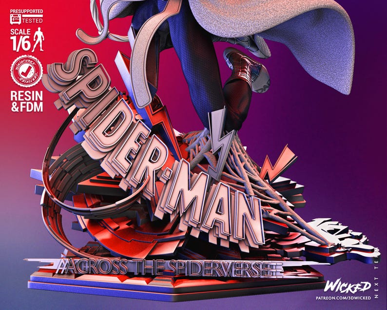 May include: A 1/6 scale resin and FDM Spider-Man statue. The statue features the Spider-Man logo and the text "#ACROSSTHESPIDERVERSE". The figure is posed dynamically against a purple and red gradient background.