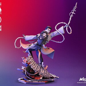 May include: A detailed resin and FDM Spider-Man statue in a dynamic pose, holding a child. The statue is 1/6 scale. The base features the Spider-Man logo. The background transitions from red to purple.