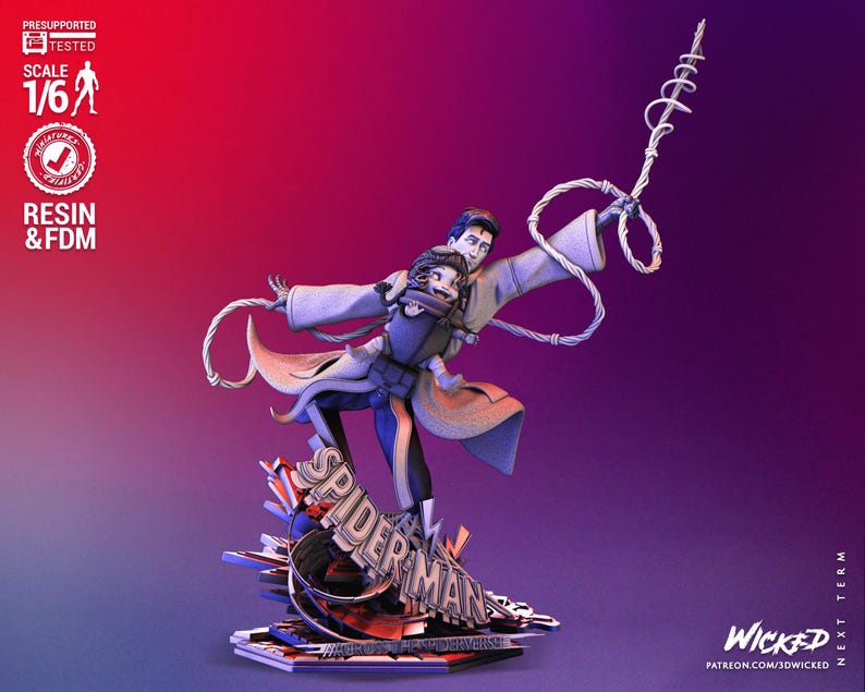 May include: A detailed resin and FDM Spider-Man statue in a dynamic pose, holding a child. The statue is 1/6 scale. The base features the Spider-Man logo. The background transitions from red to purple.
