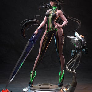 Pode incluir: Figura 3D detalhada de uma personagem feminina em um traje futurista. A figura &eacute; predominantemente preta com detalhes em verde neon, segurando uma grande espada azul. Um companheiro rob&oacute;tico est&aacute; por perto. A base apresenta o texto "PATREON H3LL CREATOR".