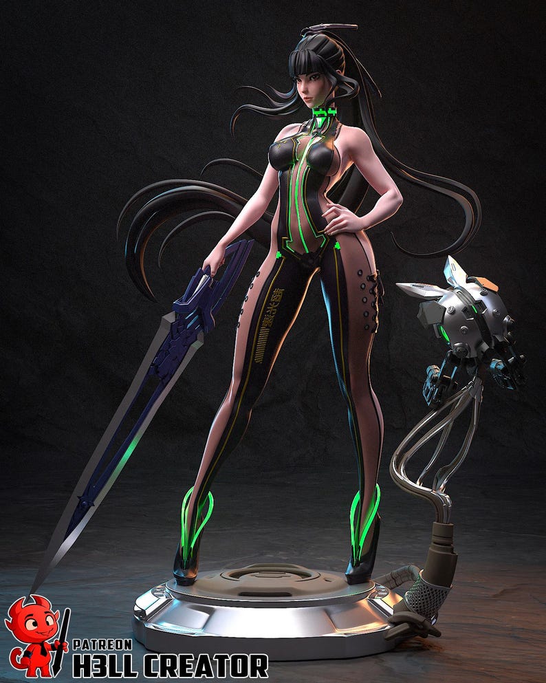 Pode incluir: Figura 3D detalhada de uma personagem feminina em um traje futurista. A figura &eacute; predominantemente preta com detalhes em verde neon, segurando uma grande espada azul. Um companheiro rob&oacute;tico est&aacute; por perto. A base apresenta o texto "PATREON H3LL CREATOR".