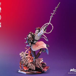 May include: A resin and FDM-printed Spider-Man figurine in a dynamic pose, holding a child. The figure is 1/6 scale, with a detailed base featuring the Spider-Man logo. The color scheme includes shades of red, white, and black, set against a gradient background.