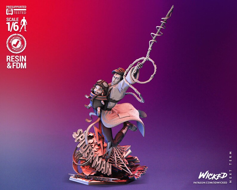 May include: A resin and FDM-printed Spider-Man figurine in a dynamic pose, holding a child. The figure is 1/6 scale, with a detailed base featuring the Spider-Man logo. The color scheme includes shades of red, white, and black, set against a gradient background.