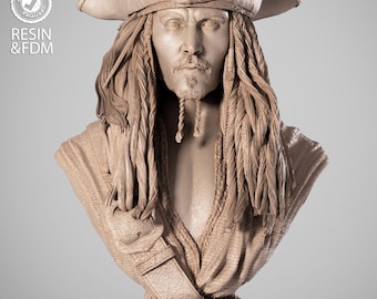Jack Sparrow Pirates of the Caribean Bust Wicked3d resin 3dprint figure, miniature unpainted