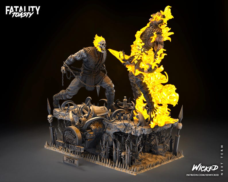 Puede incluir: Una figura impresa en 3D de un personaje de la serie de videojuegos Mortal Kombat. El personaje est&aacute; en una pose de lucha, con una cabeza con forma de cr&aacute;neo y una cadena unida a su mu&ntilde;eca. Est&aacute; envuelto en llamas, y la base de la figura es una escena detallada con cr&aacute;neos y otros elementos.