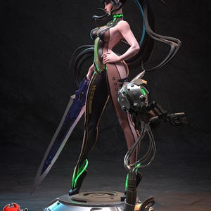 Pode incluir: Figura impressa em 3D de uma personagem feminina com uma roupa futurista. A figura tem cabelo preto comprido, uma espada e um dispositivo mec&acirc;nico. A roupa &eacute; preta com detalhes verdes. A base tem o texto "PATREON H3LL CREATOR".