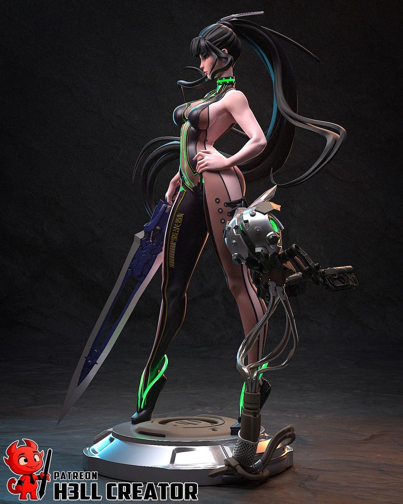 Pode incluir: Figura impressa em 3D de uma personagem feminina com uma roupa futurista. A figura tem cabelo preto comprido, uma espada e um dispositivo mec&acirc;nico. A roupa &eacute; preta com detalhes verdes. A base tem o texto "PATREON H3LL CREATOR".