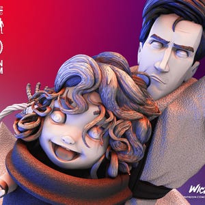 May include: A 3D-printed resin figurine of a man holding a child. The man has dark hair and a stern expression. The child has curly hair and a joyful expression. The figurine is painted in shades of white, blue, and brown. The scale is 1/6.