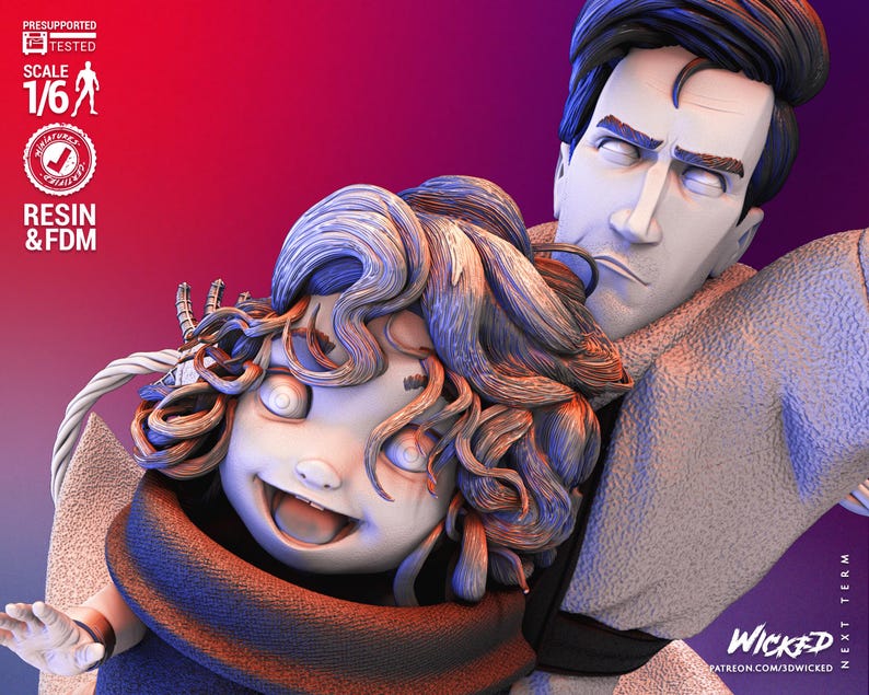 May include: A 3D-printed resin figurine of a man holding a child. The man has dark hair and a stern expression. The child has curly hair and a joyful expression. The figurine is painted in shades of white, blue, and brown. The scale is 1/6.