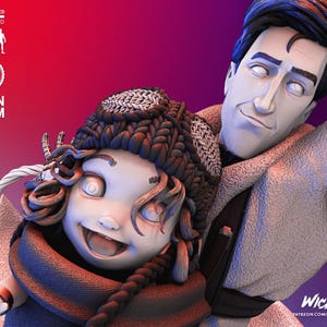 May include: A 3D-printed resin figurine of a smiling child wearing a knitted hat and scarf, held by a man. The figurine is in a 1/6 scale. The background is a gradient of red and purple. The text "Wicked" is visible.