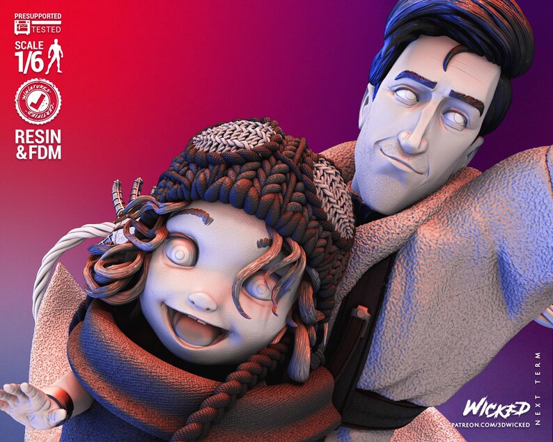 May include: A 3D-printed resin figurine of a smiling child wearing a knitted hat and scarf, held by a man. The figurine is in a 1/6 scale. The background is a gradient of red and purple. The text "Wicked" is visible.
