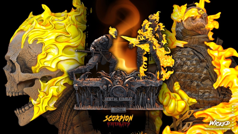 Puede incluir: Una estatua de Scorpion de Mortal Kombat, de color naranja y amarillo fuego, con una cabeza de calavera y una espada. La estatua est&aacute; sobre una base con las palabras "Mortal Kombat" y "Scorpion Fatality" escritas en ella.