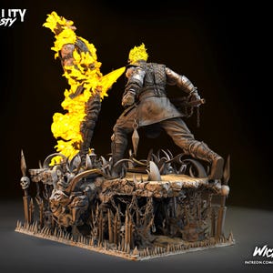 Puede incluir: Una figura detallada de dos personajes, uno envuelto en llamas, de pie en una plataforma con una calavera y pinchos. El texto "FATALITY TOASTY" es visible en la esquina superior izquierda. El texto "WICKED" es visible en la esquina inferior derecha.