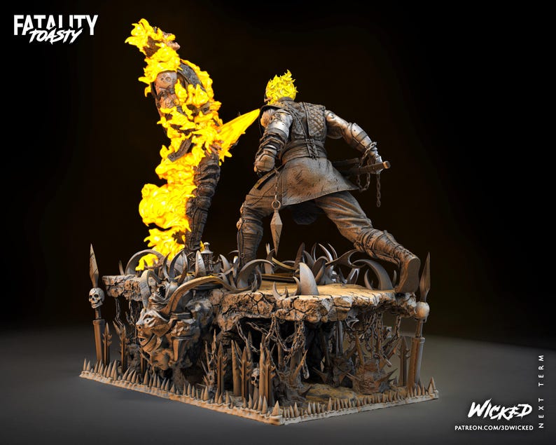 Puede incluir: Una figura detallada de dos personajes, uno envuelto en llamas, de pie en una plataforma con una calavera y pinchos. El texto "FATALITY TOASTY" es visible en la esquina superior izquierda. El texto "WICKED" es visible en la esquina inferior derecha.