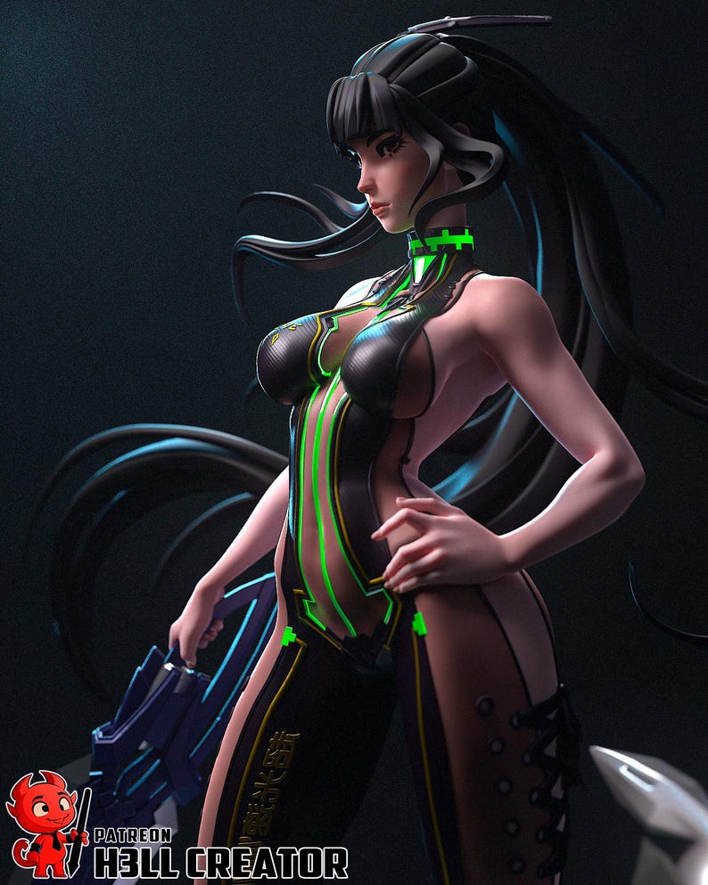 Pode incluir: Figura de arte digital de uma mulher em um traje futurista preto e verde. A figura tem cabelo longo preto e est&aacute; segurando uma arma. A roupa tem detalhes verdes e uma gola alta. A imagem tem o texto "PATREON HELL CREATOR" na parte inferior.
