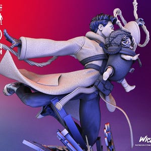May include: A detailed 3D-printed resin figurine of a person carrying a child in a carrier. The figure is wearing a long coat and pants, with the child in a hooded outfit. The color scheme is primarily blue, gray, and white, with a gradient background.