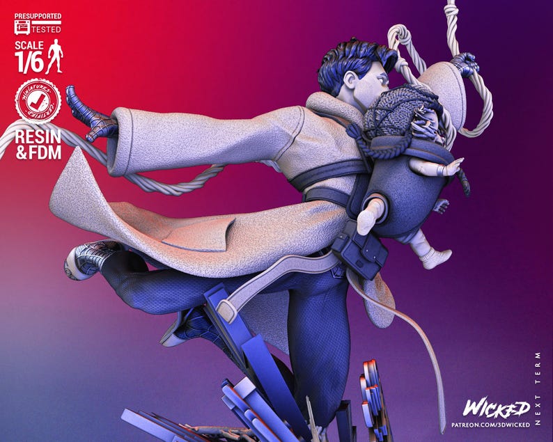 May include: A detailed 3D-printed resin figurine of a person carrying a child in a carrier. The figure is wearing a long coat and pants, with the child in a hooded outfit. The color scheme is primarily blue, gray, and white, with a gradient background.