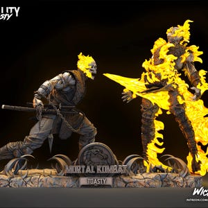 Puede incluir: Una figura detallada de un personaje de la serie de videojuegos Mortal Kombat. El personaje est&aacute; envuelto en llamas y est&aacute; en una pose de lucha. La figura est&aacute; sobre una base con las palabras "Mortal Kombat" y "Toasty" en ella. La figura es un art&iacute;culo de colecci&oacute;n para los fan&aacute;ticos del juego.