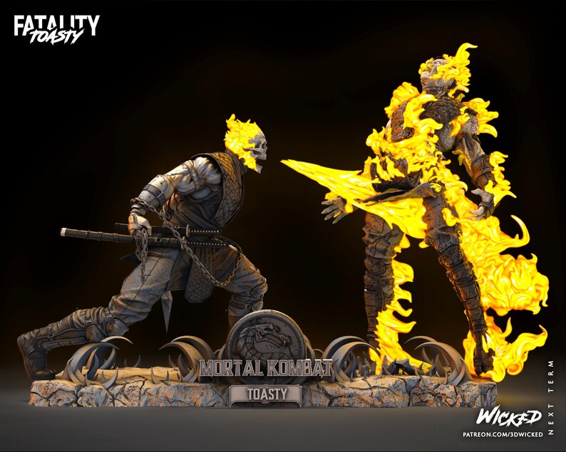 Puede incluir: Una figura detallada de un personaje de la serie de videojuegos Mortal Kombat. El personaje est&aacute; envuelto en llamas y est&aacute; en una pose de lucha. La figura est&aacute; sobre una base con las palabras "Mortal Kombat" y "Toasty" en ella. La figura es un art&iacute;culo de colecci&oacute;n para los fan&aacute;ticos del juego.