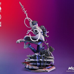 May include: A detailed resin and FDM 1/6 scale figurine of a character in a dynamic pose, with a flowing cape and intricate details. The figure is set against a gradient background of red and purple.