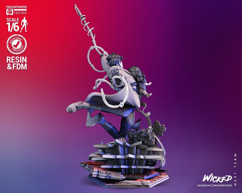 May include: A detailed resin and FDM 1/6 scale figurine of a character in a dynamic pose, with a flowing cape and intricate details. The figure is set against a gradient background of red and purple.