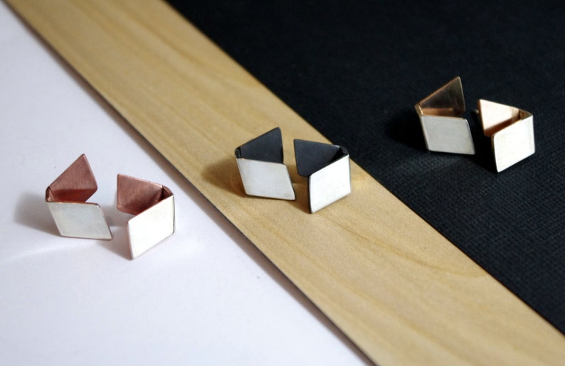 sterling silver earrings modern earrings,geometric earrings,unique Rectangle stud earrings,mixed metal earrings silvercopperblackbrass