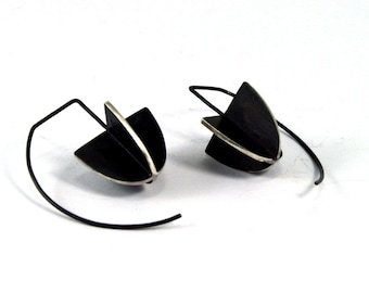 Geometric Sterling Silver Earrings, blackened silver, hook earrings, drop earrings, minimalist earrings,shield earrings, structural, unique