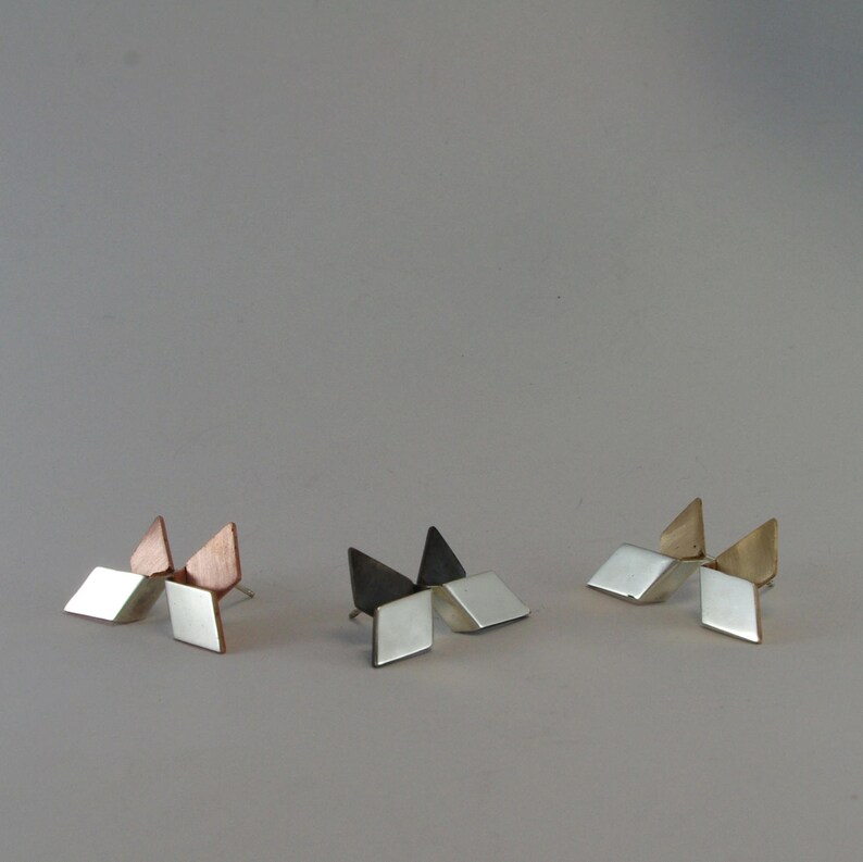 sterling silver earrings modern earrings,geometric earrings,unique Rectangle stud earrings,mixed metal earrings silvercopperblackbrass
