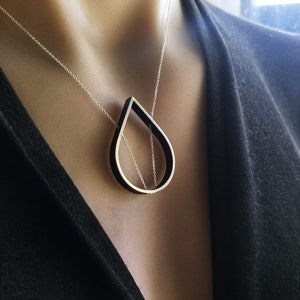 Minimalist Droplet Outline Necklace, statement necklace, bold necklace, teardrop, black, silver, architectural, geometric, minimalist