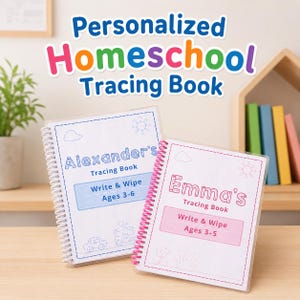 May include: Two personalised homeschool tracing books. One book is labelled "Alexander's" with a blue cover and spiral binding, for ages 3-6. The other book is labelled "Emma's" with a pink cover and spiral binding, for ages 3-5. Both books are "Write & Wipe".