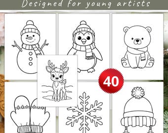 May include: A set of winter-themed colouring pages for young artists. The pages show line drawings of a snowman, penguin, bear, deer, mittens, snowflake, and a hat. The text at the top reads "40 WINTER PAGES Designed for young artists."