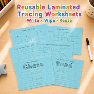 May include: A set of reusable, laminated tracing worksheets in light blue. The worksheets include tracing shapes, numbers, lowercase and capital letters, and names. A black marker is included. The text on the worksheets reads: "Write, Wipe, Reuse."