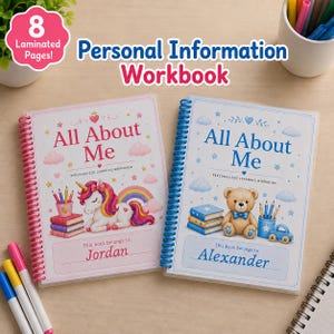 May include: Two spiral-bound Personal Information Workbooks with 8 laminated pages. The left book features a unicorn, books, and the name Jordan. The right book features a teddy bear, books, and the name Alexander. Both have the text All About Me.
